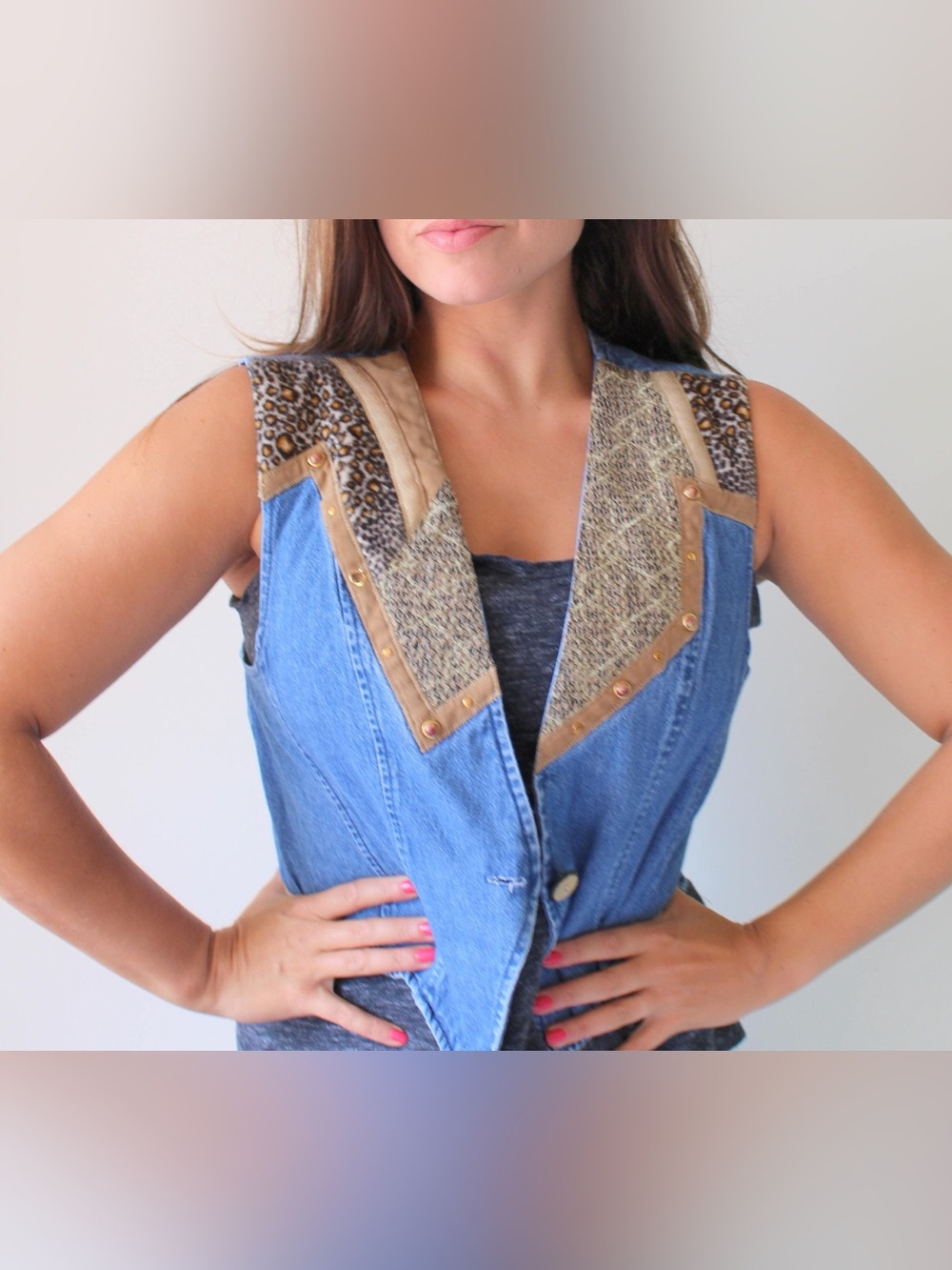 Vintage Denim Vest CityGirl Animal Print Retro 80s Womens Patchwork Size 6 Small